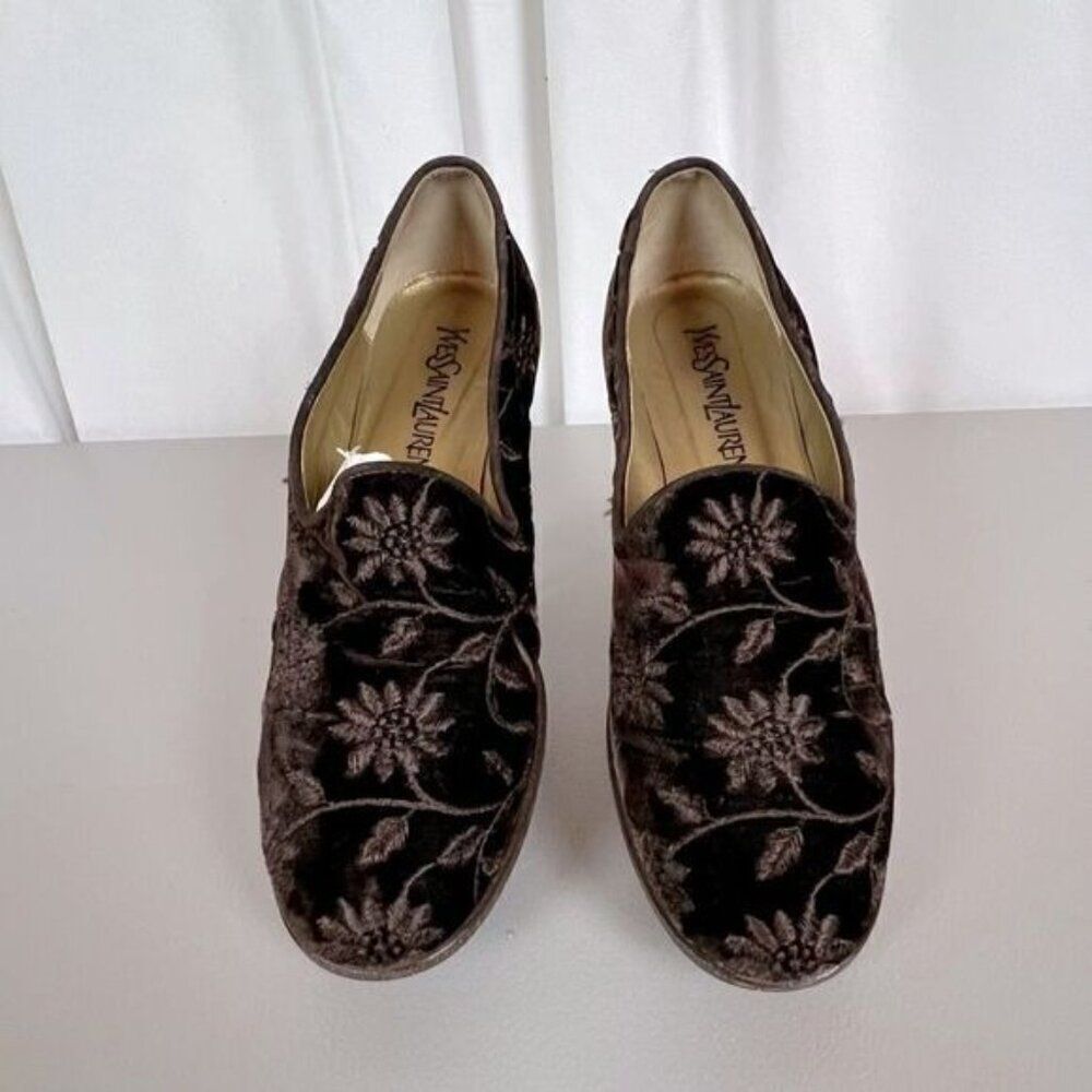 YVES SAINT LAURENT WOMENS BROWN SUEDE LOAFERS WITH EMBROIDERED DESIGN SIZE 7.5M - Picture 3 of 9